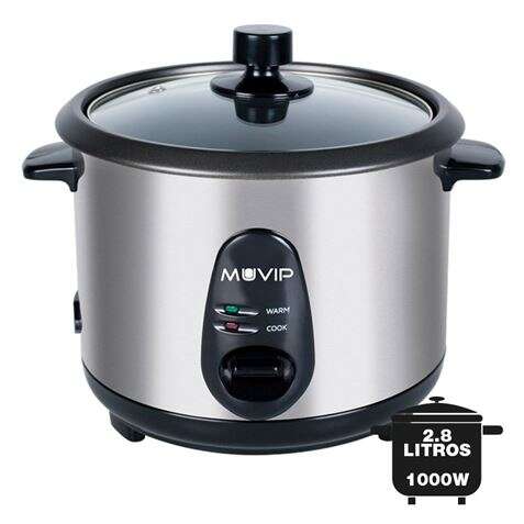 muvip arrocera capacidad 2.8 litros potencia 1000w cuerpo de acero inoxidable recipiente antiadherente tapa de cristal accesorios incluidos color gris