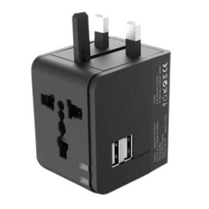 xo adaptador de viaje universal voltaje 110v 240v 2 puertos usb 2.1amp conexiones para uk, eu, au, us color negro