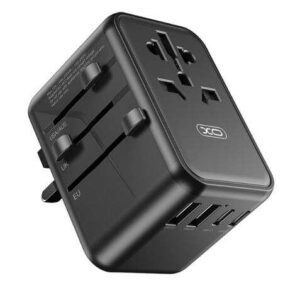 xo adaptador de viaje universal conexiones para mas de 150 paises salida de hasta 2500w puerto usb c de 65w salida de cinco puertos color negro
