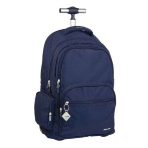 milan serie 1918 mochila escolar 25l con carro integrado y mango metalico retractil 3 bolsillos delanteros + 2 bolsillos laterales tamaño 46,5x30x17cm color azul oscuro