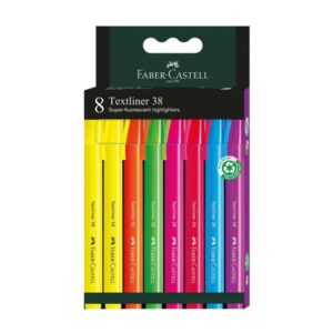 faber castell textliner 38 pack de 8 marcadores fluorescentes cuerpo fino punta biselada trazo grueso y fino tinta con base de agua colores surtidos