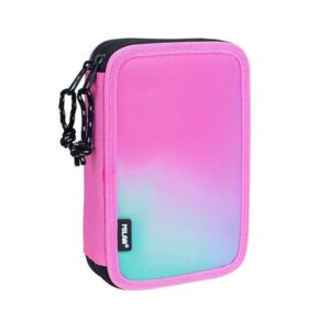 milan sunset plumier de 2 pisos con 2 gomas de borrar, sacapuntas, lapiz, boligrafo compact, regla, 12 lapices de colores y 18 rotuladores color rosa