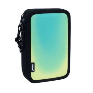 milan sunset plumier de 2 pisos con 2 gomas de borrar, sacapuntas, lapiz, boligrafo compact, regla, 12 lapices de colores y 18 rotuladores color negro/verde