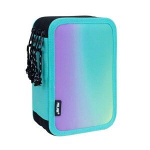 milan sunset plumier de 3 pisos con goma de borrar, sacapuntas, lapiz, 3 boligrafos capsule, regla, 12 lapices de colores, 6 lapices de colores metalizados, 5 fluorescentes, tijeras y 18 rotuladores color turquesa
