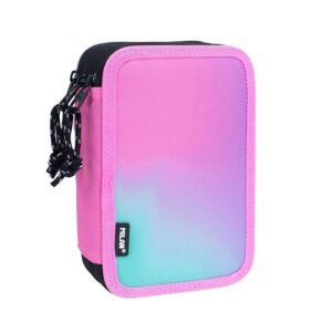 milan sunset plumier de 3 pisos con goma de borrar, sacapuntas, lapiz, 3 boligrafos capsule, regla, 12 lapices de colores, 6 lapices de colores metalizados, 5 fluorescentes, tijeras y 18 rotuladores color rosa