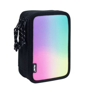 milan sunset plumier de 3 pisos con goma de borrar, sacapuntas, lapiz, 3 boligrafos capsule, regla, 12 lapices de colores, 6 lapices de colores metalizados, 5 fluorescentes, tijeras y 18 rotuladores color negro