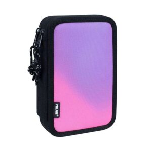 milan sunset plumier de 2 pisos con 2 gomas de borrar, sacapuntas, lapiz, boligrafo compact, regla, 12 lapices de colores y 18 rotuladores color negro/rosa