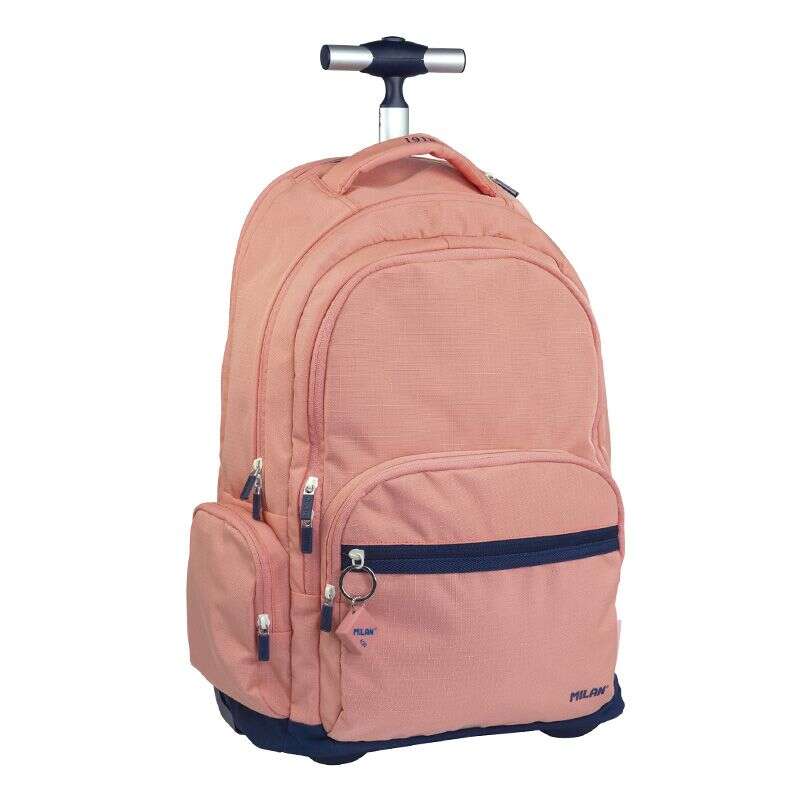 milan serie 1918 mochila escolar 25l con carro integrado y mango metalico retractil 3 bolsillos delanteros + 2 bolsillos laterales tamaño 46,5x30x17cm color rosa