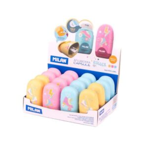 milan capsule roller expositor de 16 afilaborras capsule con goma de borrar cuchilla de seguridad colores azul, rosa y amarillo