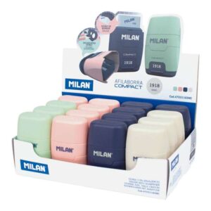 milan compact serie 1918 expositor de 16 afilaborras compact con goma de borrar sacapuntas doble cuchilla de seguridad colores beige, azul, rosa y verde