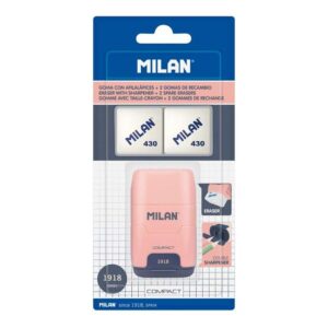 milan compact serie 1918 afilaborra compact con 2 gomas de borrar sacapuntas doble cuchilla de seguridad color rosa