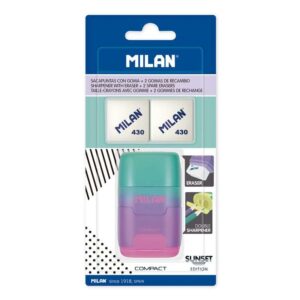 milan compact sunset afilaborra compact con 2 gomas de borrar sacapuntas doble cuchilla de seguridad color turquesa/violeta/rosa