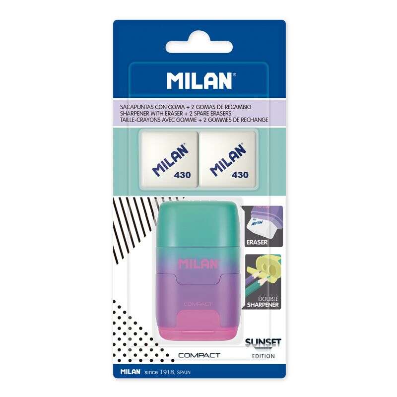 milan compact sunset afilaborra compact con 2 gomas de borrar sacapuntas doble cuchilla de seguridad color turquesa/violeta/rosa