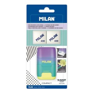 milan compact sunset afilaborra compact con 2 gomas de borrar sacapuntas doble cuchilla de seguridad color turquesa/violeta/amarillo
