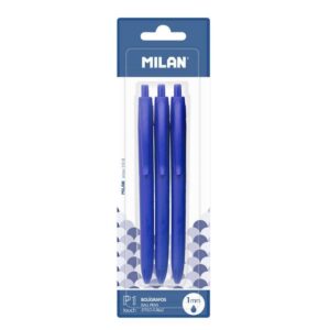 milan p1 touch pack de 3 boligrafos de bola retractiles punta redonda 1mm tinta con base de aceite escritura suave 1.200m de escritura color azul
