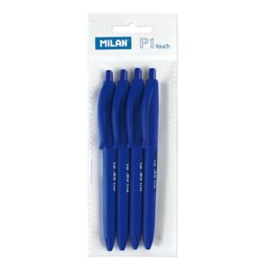 milan p1 touch pack de 4 boligrafos de bola retractiles punta redonda 1mm tinta con base de aceite escritura suave 1.200m de escritura color azul