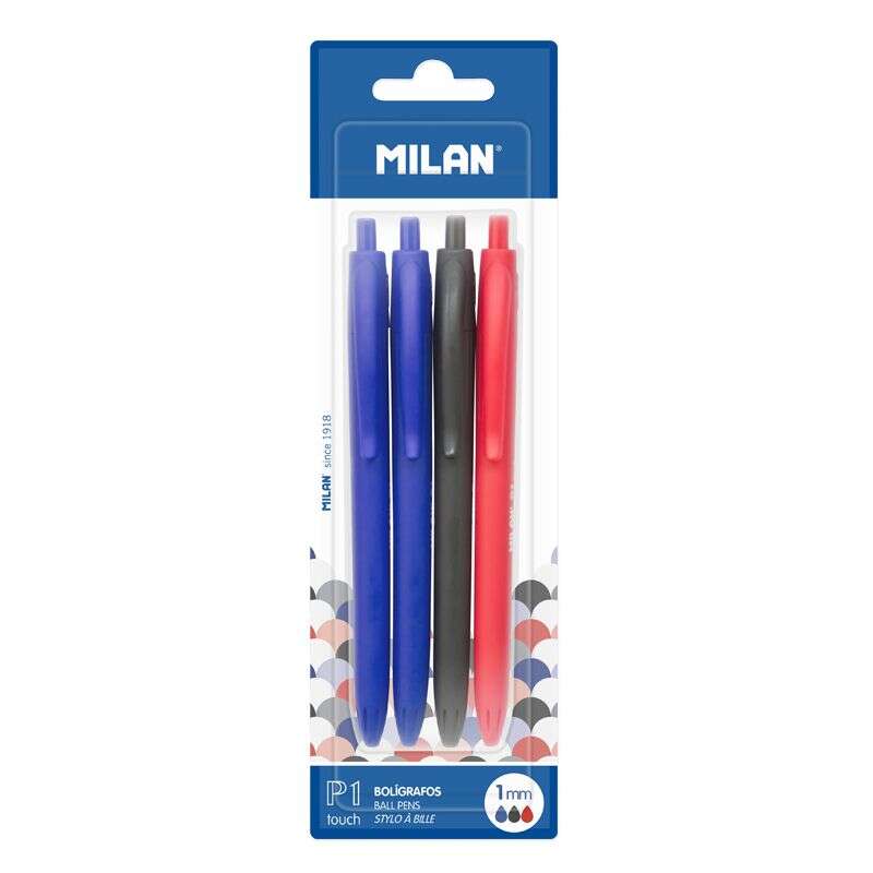 milan p1 touch pack de 4 boligrafos de bola retractiles punta redonda 1mm tinta con base de aceite escritura suave 1.200m de escritura color azul x2, negro y rojo