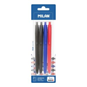 milan p1 touch pack de 4 boligrafos de bola retractiles punta redonda 1mm tinta con base de aceite escritura suave 1.200m de escritura color negro x2, azul y rojo