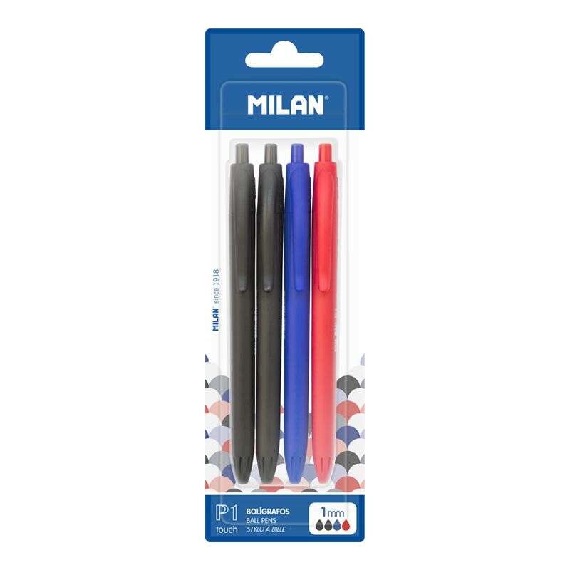 milan p1 touch pack de 4 boligrafos de bola retractiles punta redonda 1mm tinta con base de aceite escritura suave 1.200m de escritura color negro x2, azul y rojo