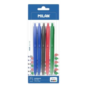 milan p1 touch pack de 5 boligrafos de bola retractiles punta redonda 1mm tinta con base de aceite escritura suave 1.200m de escritura color azul x2, negro, rojo y verde