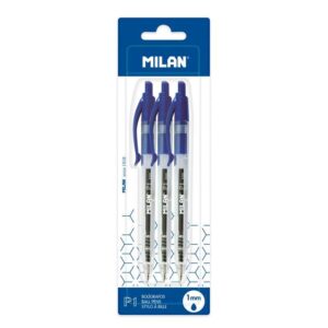 milan p1 pack de 3 boligrafos de bola retractiles punta redonda 1mm cuerpo transparente color azul