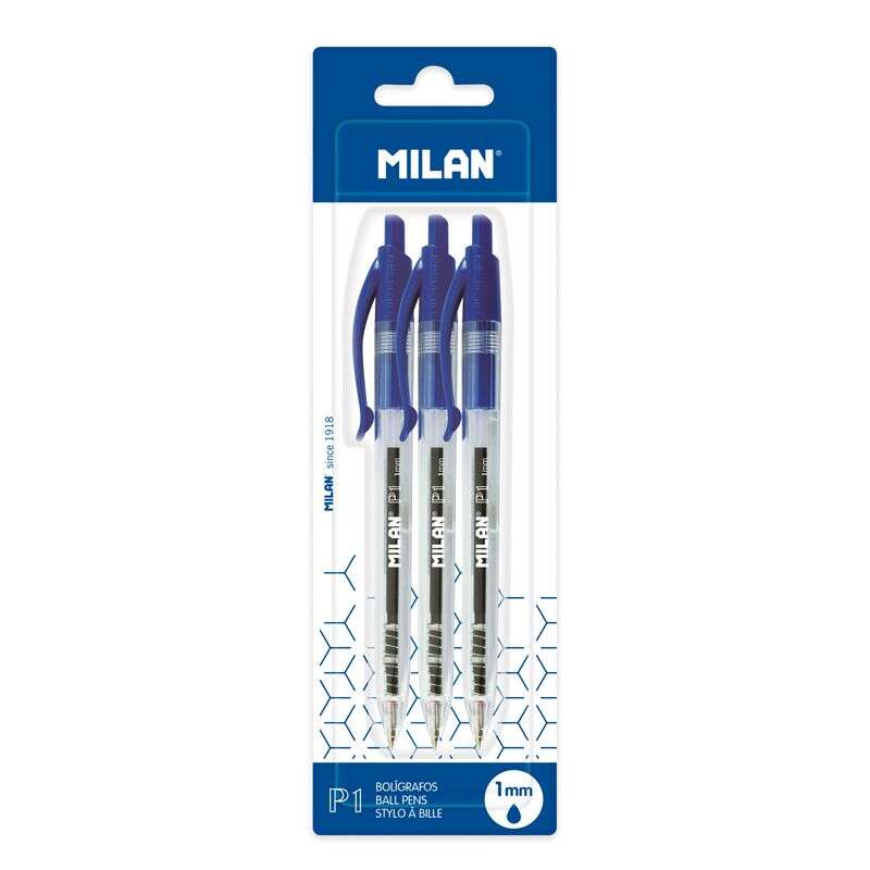 milan p1 pack de 3 boligrafos de bola retractiles punta redonda 1mm cuerpo transparente color azul