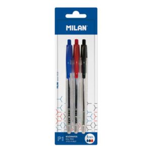 milan p1 pack de 3 boligrafos de bola retractiles punta redonda 1mm cuerpo transparente color azul, negro y rojo