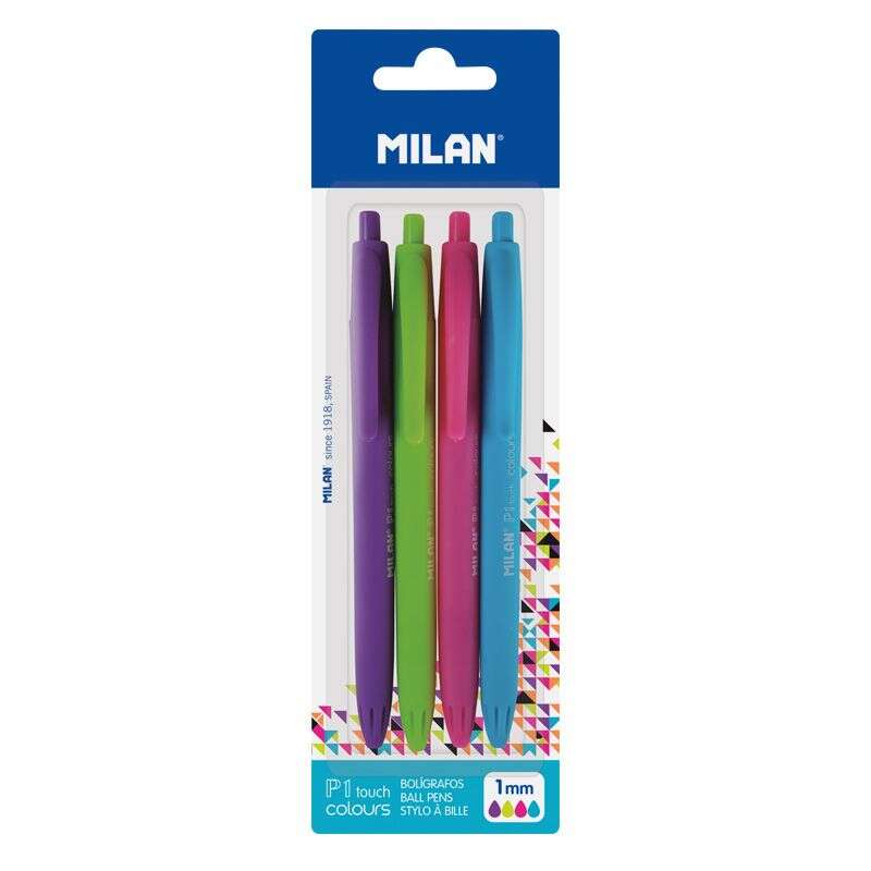 milan p1 touch colours pack de 4 boligrafos de bola retractiles punta redonda 1mm tinta con base de aceite escritura suave 1.200m de escritura color azul claro, verde claro, lila y rosa