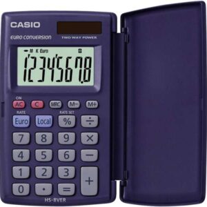casio hs 8vera calculadora de bolsillo con tapa pantalla lc extragrande de 8 digitos funcion conversor de euros color azul oscuro