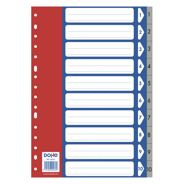 dohe pack de 10 separadores formato folio multitaladro de 16 perforaciones fabricado en propileno 120 micras color gris