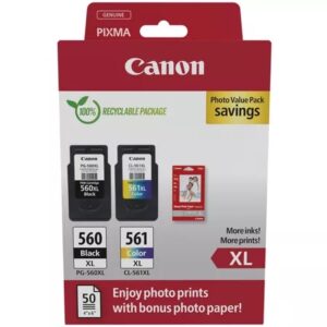 canon pg560xl negro + cl561xl color pack de 2 cartuchos de tinta originales 50 hojas de papel fotografico 3712c008/3712c004