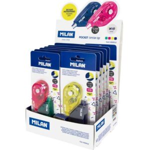 milan pocket acid expositor de 24 cintas correctoras en blisters de 2uds. 4,2mm x 5m correcion en seco rapida, limpia y precisa para todo tipo de papel colores surtidos