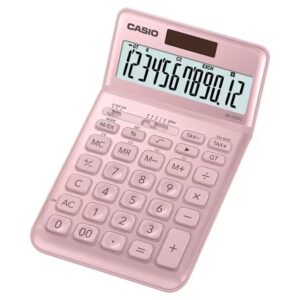 casio jw 200sc calculadora de sobremesa 12 digitos inclinacion ajustable simbolos de comando de funcion memoria total general e independiente alimentacion solar y pilas color rosa