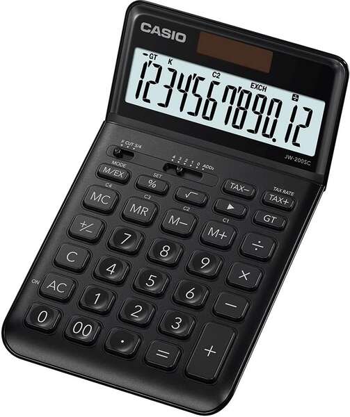 casio jw 200sc calculadora de sobremesa 12 digitos inclinacion ajustable simbolos de comando de funcion memoria total general e independiente alimentacion solar y pilas color negro