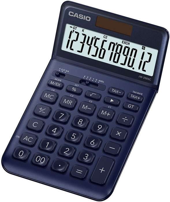casio jw 200sc calculadora de sobremesa 12 digitos inclinacion ajustable simbolos de comando de funcion memoria total general e independiente alimentacion solar y pilas color azul marino