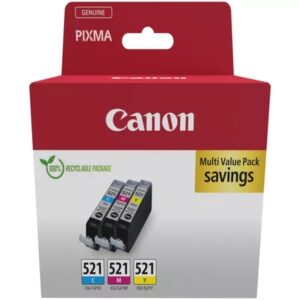 canon cli521 pack de 3 cartuchos de tinta originales cian, magenta, amarillo 2934b015/2934b010
