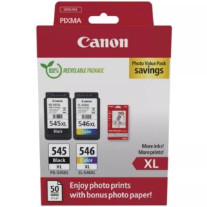 canon pg545xl negro + cl546xl color pack de 2 cartuchos de tinta originales + 50 hojas de papel fotografico 8286b011/8286b006