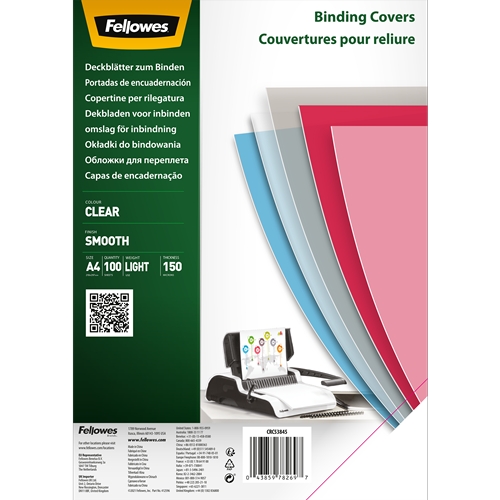 fellowes pack de 100 portadas de polietileno transparentes para documentos a4 grosor 150 micras utilizables en encuadernadoras de espiral o canutillo