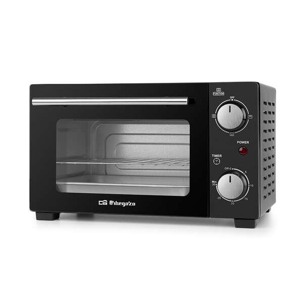 orbegozo ho 985 horno electrico multifuncion potencia 800w capacidad 10l selector de calor superior inferior o simultaneo temporizador 30 minutos puerta abatible con doble cristal