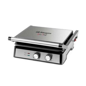 orbegozo 4580 grill multifuncion cocina sin aceite con potencia de 2000w amplia superficie de coccion abatible antiadherente y facil de limpiar termostato regulable temporizador
