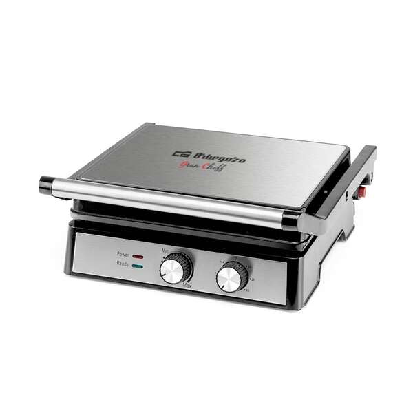 orbegozo 4580 grill multifuncion cocina sin aceite con potencia de 2000w amplia superficie de coccion abatible antiadherente y facil de limpiar termostato regulable temporizador