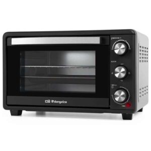 orbegozo ho 255 horno electrico multifuncion capacidad 25l potencia 1500w selector de temperatura 100º 230º temporizador 60 min puerta abatible doble cristal resistencias acero inoxidable