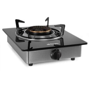 orbegozo fo 1720 hornillo a gas elegante y seguro encendido piezoelectrico quemador de triple corona sistema de seguridad ffd cuerpo de acero inoxidable superficie de cristal templado