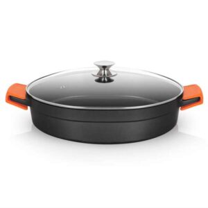 orbegozo cdb cacerola baja serie 10.5l aluminio fundido indeformable asas de silicona apta para todo tipo de fuegos superficie antiadherente tapa de cristal templado
