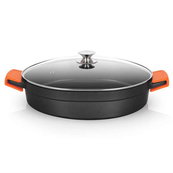 orbegozo cdb cacerola baja serie 10.5l aluminio fundido indeformable asas de silicona apta para todo tipo de fuegos superficie antiadherente tapa de cristal templado