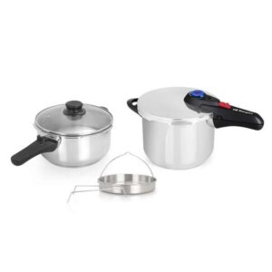 orbegozo hp 4566 olla rapida de acero inoxidable dos ollas con sistema de seguridad fondo termo difusor selector gradual de presion accesorio para cocinar al vapor