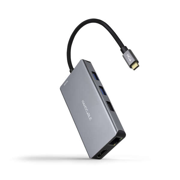 nanocable hub usb c 9 en 1 conversor usb c a 3 x usb a + 2 x hdmi + rj45 + tf + sd + usb c pd 100w aluminio 15cm color gris