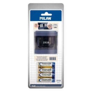milan 1918 serie sacapuntas electrico doble estandar y maxi cuchilla de acero al carbono con seguridad gran deposito pilas incluidas color azul marino