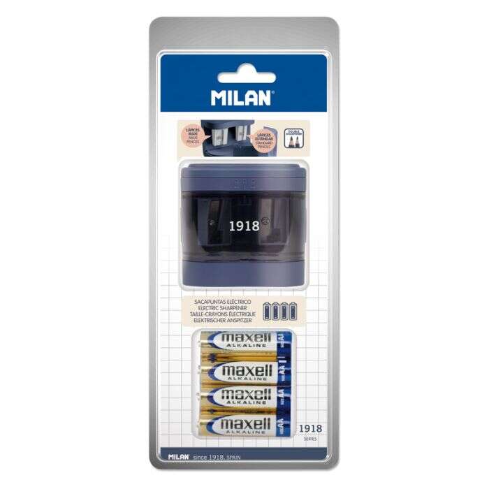 milan 1918 serie sacapuntas electrico doble estandar y maxi cuchilla de acero al carbono con seguridad gran deposito pilas incluidas color azul marino