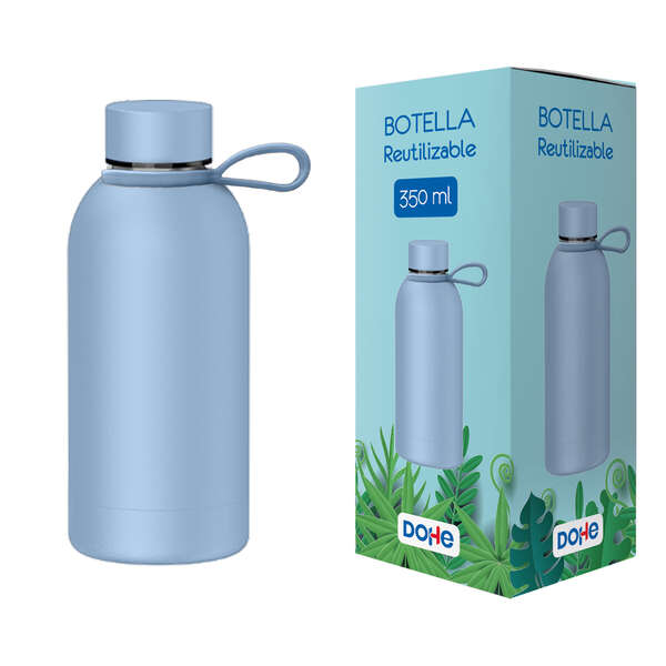 dohe botella reutilizable 350ml acero inoxidable de doble pared libre de bpa tapon hermetico antigoteo de acero inoxidable recubierta de caucho color azul
